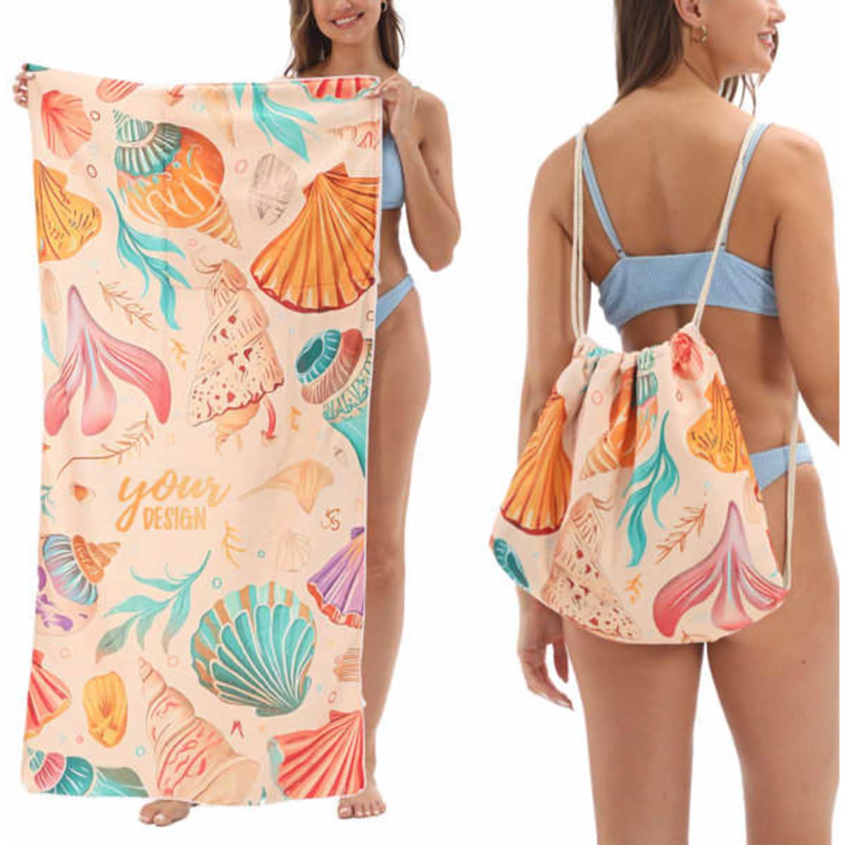 A peach-tinted microfiber beach towel featuring colourful seashell designs, paired with a matching drawstring bag.