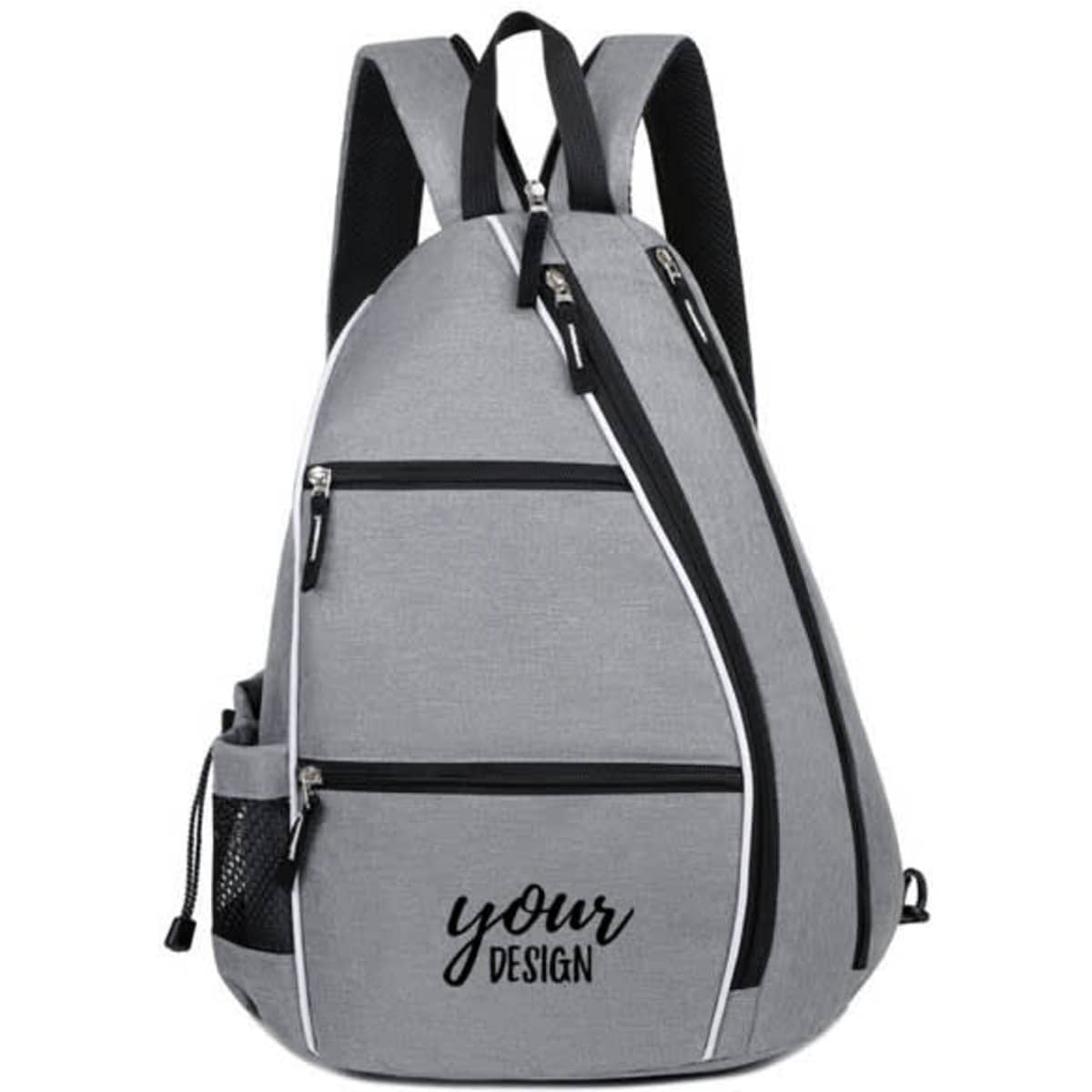 A grey sports backpack featuring multiple zippered compartments and a mesh side pocket, with a logo.
