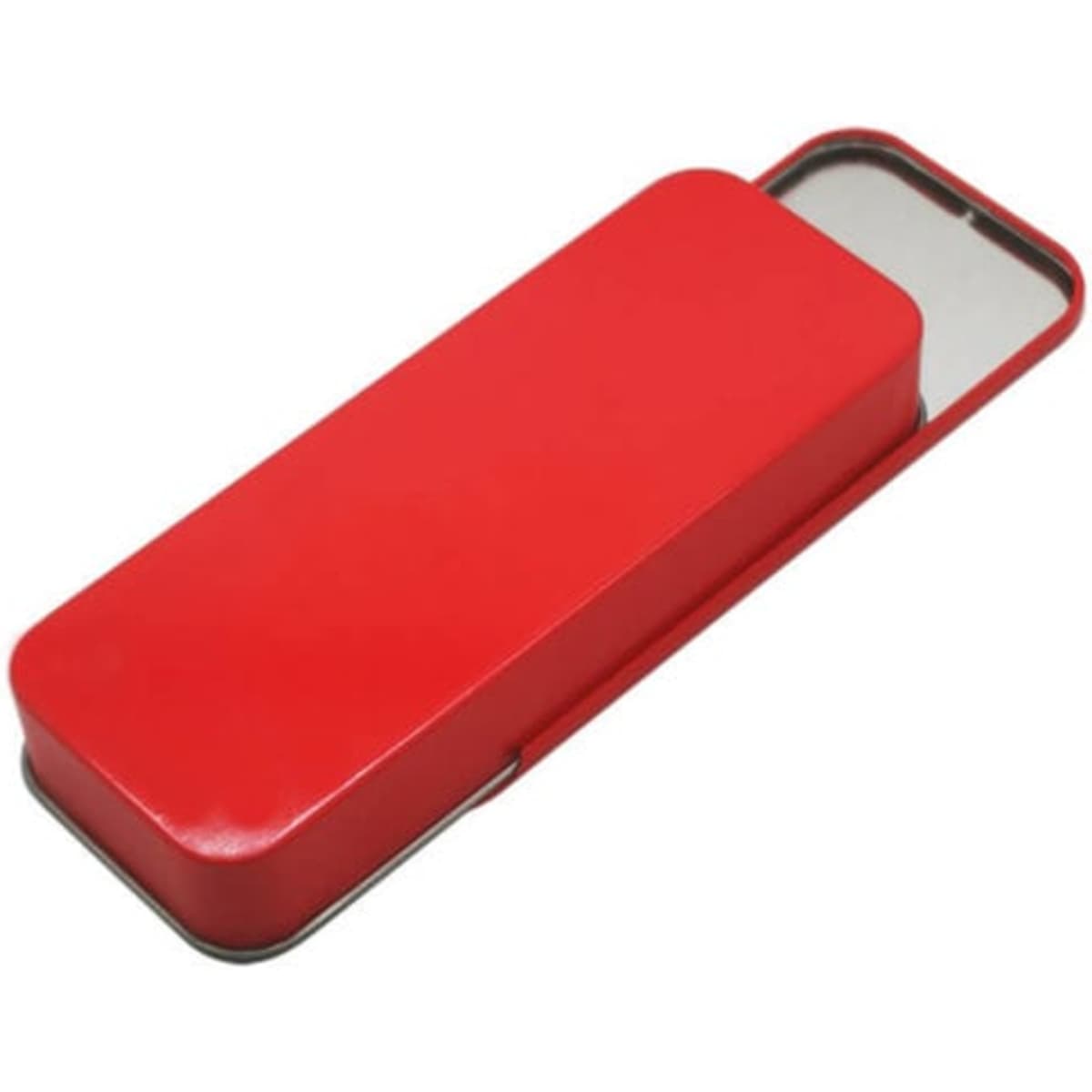 A red slide top tin box container with a metallic finish and a sliding lid. Features a branding logo.