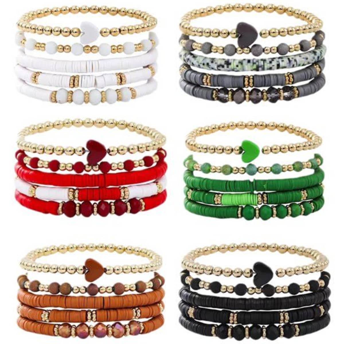 A display of colourful clay bead stretch stacking bracelets in various combinations, featuring gold accents and heart shapes.
