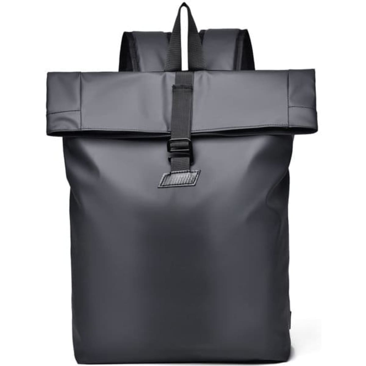 A large capacity expandable daypack in black with a roll-top closure and adjustable straps. Features a logo.
