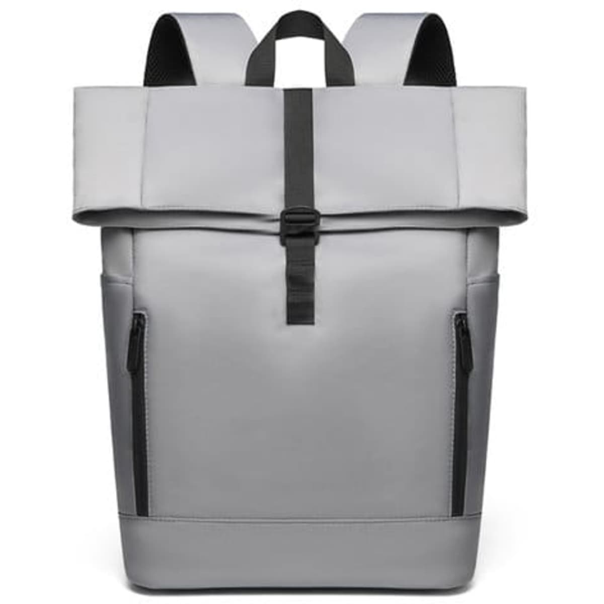 A grey men's business laptop backpack with a roll-top closure and side pockets, featuring a logo.
