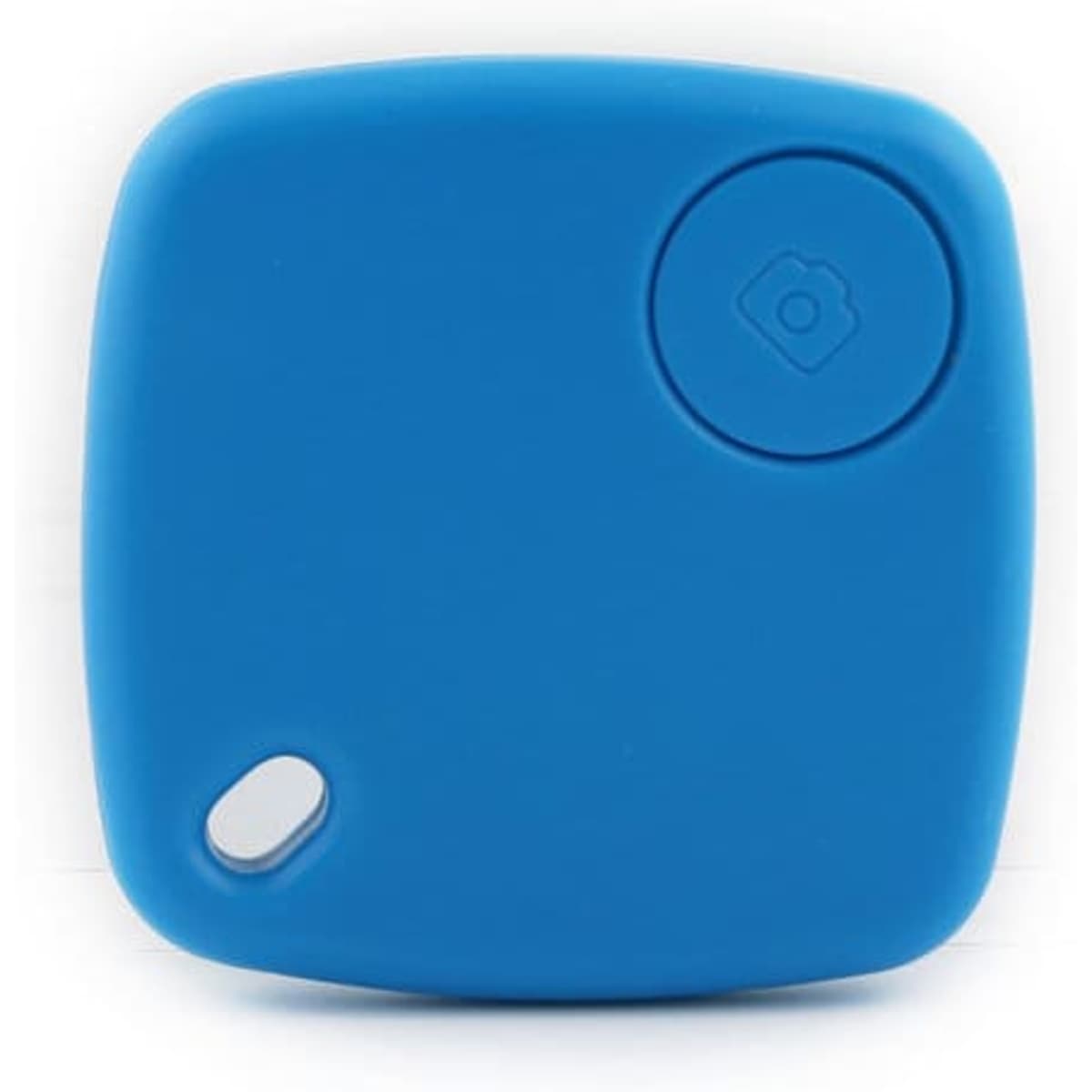 A blue, square multifunctional smart key finder with a circular button and a small hole for attachment. It has a logo.