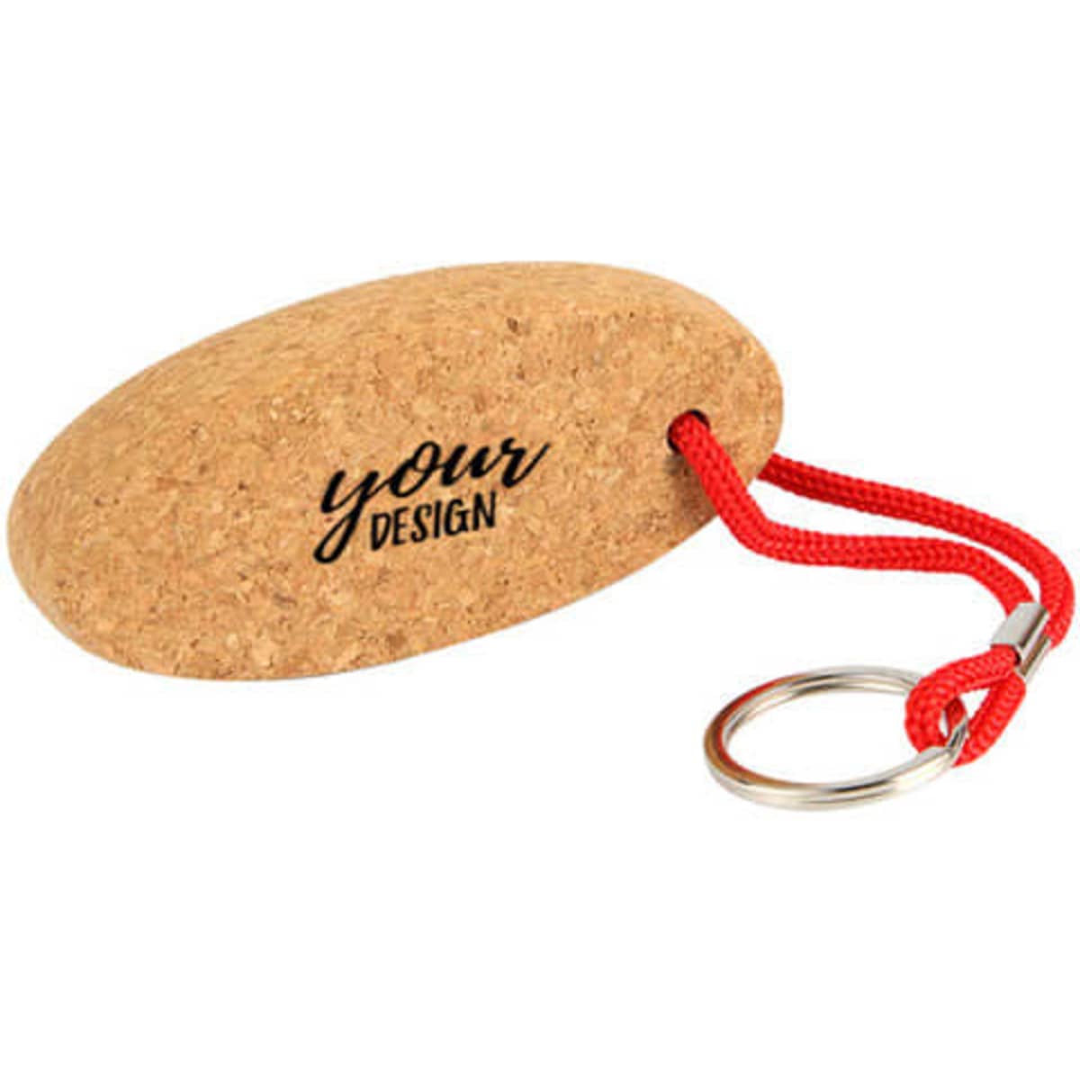 A cork key ring with a red strap and a metal keychain attachment, featuring a customizable design area.