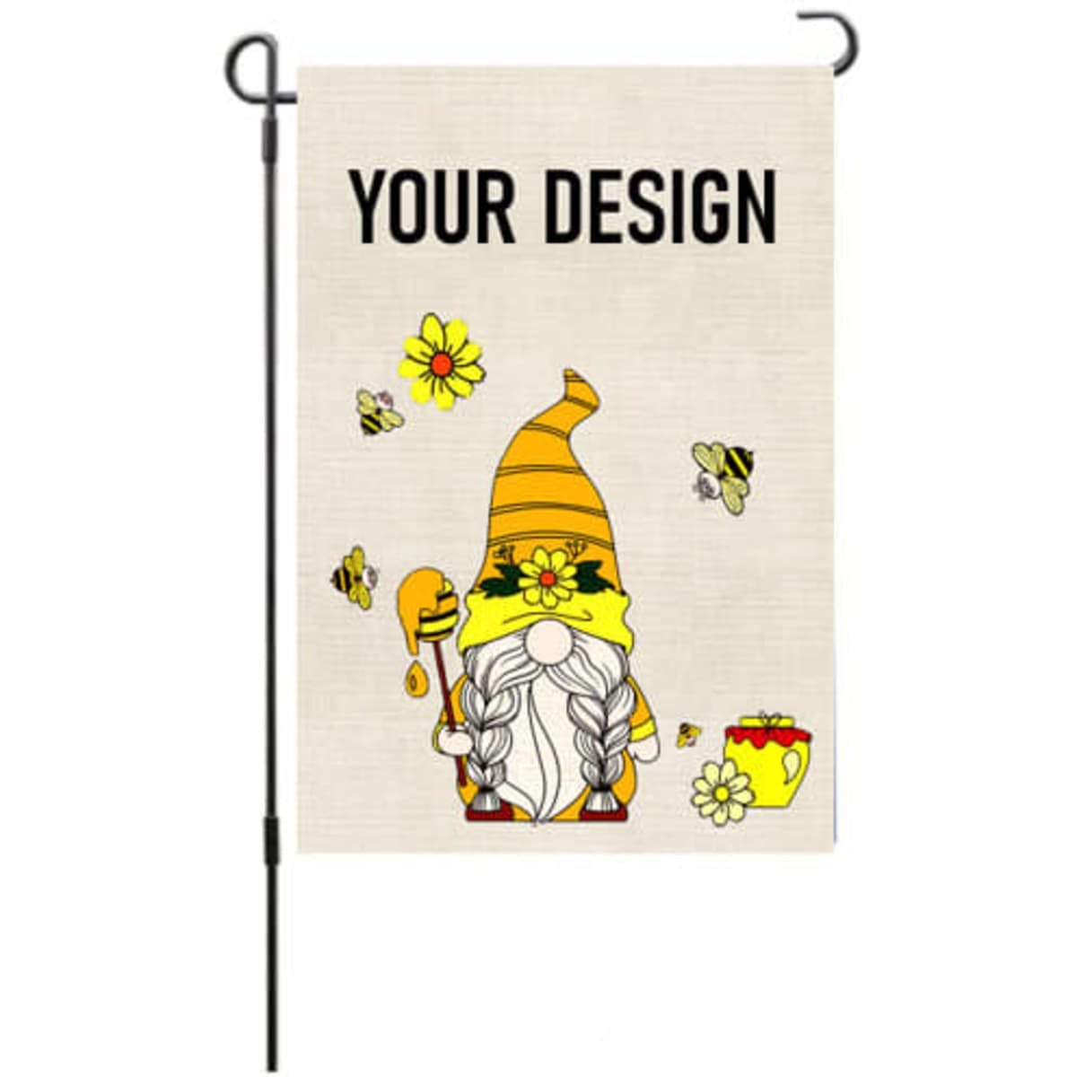 A double-sided garden flag featuring a gnome design with yellow and floral accents, mounted on a black pole.