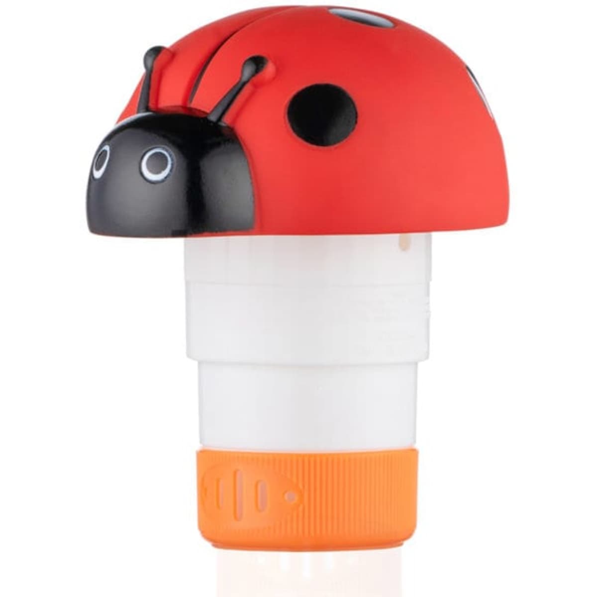 A red and black floating pool chlorine dispenser featuring a ladybug design with an orange base and a logo.