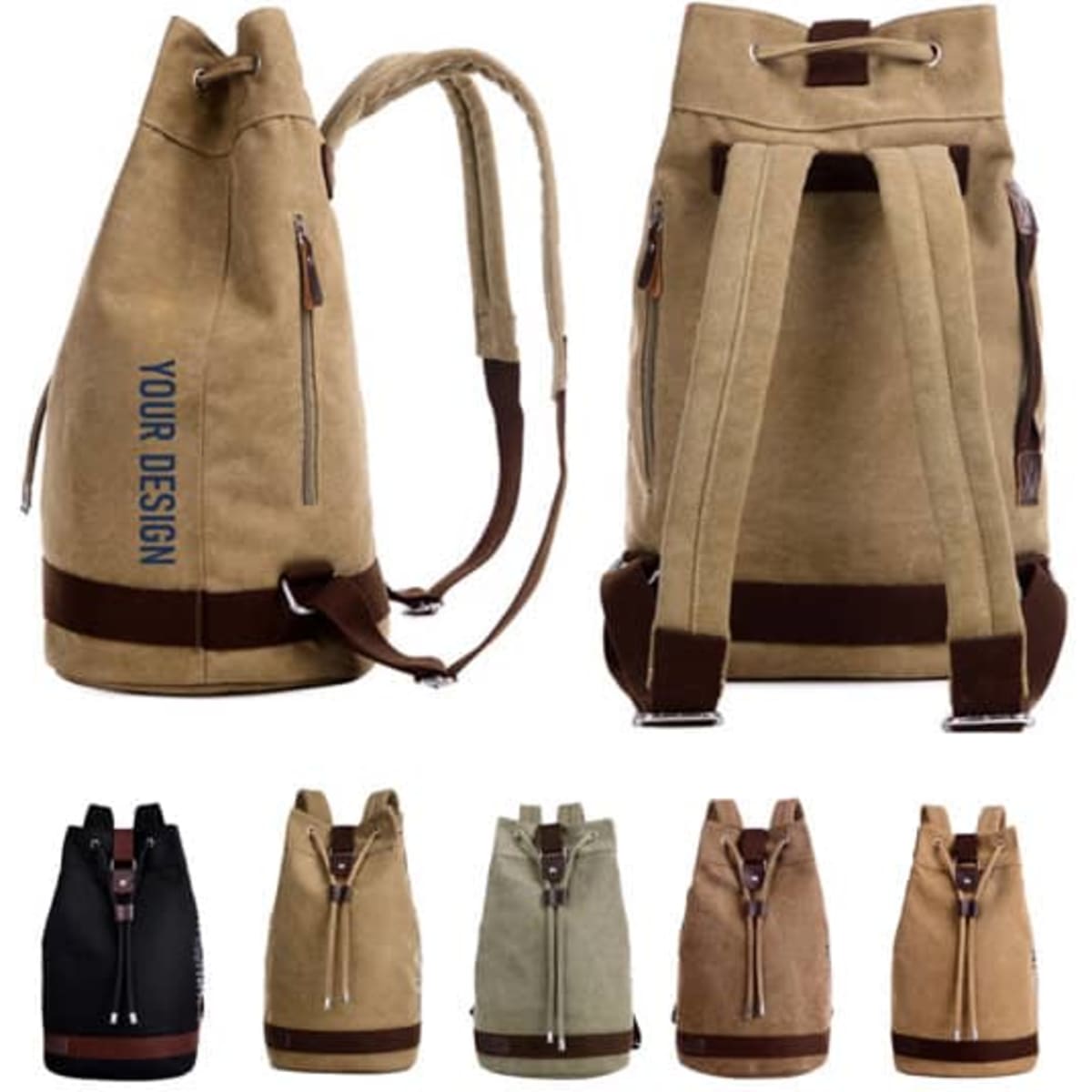 A canvas drawstring backpack in beige with brown accents, featuring adjustable straps and a logo. Available in multiple colours.