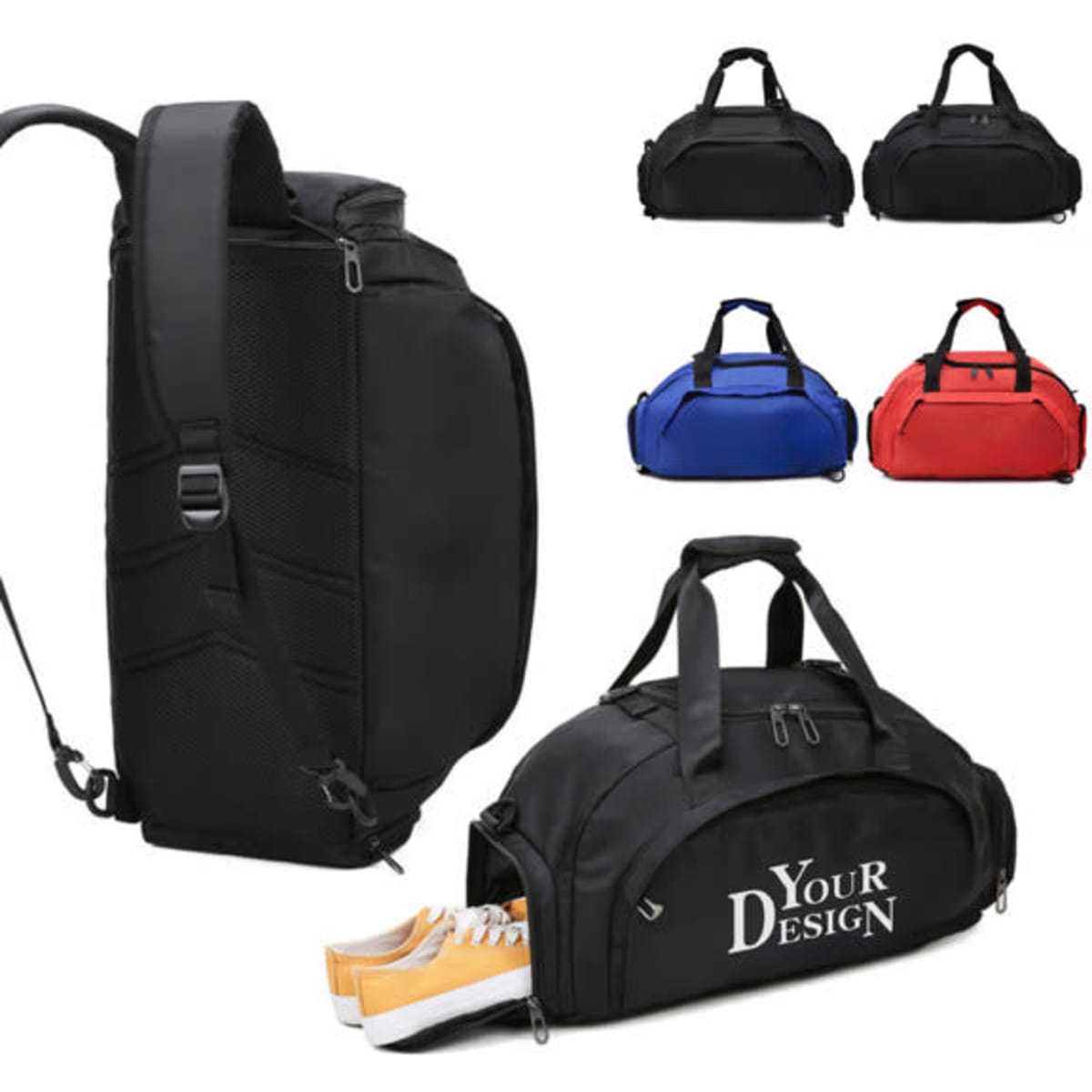 A black gym duffel bag with zippered pockets, available in red, blue, and another black variant, featuring a logo.