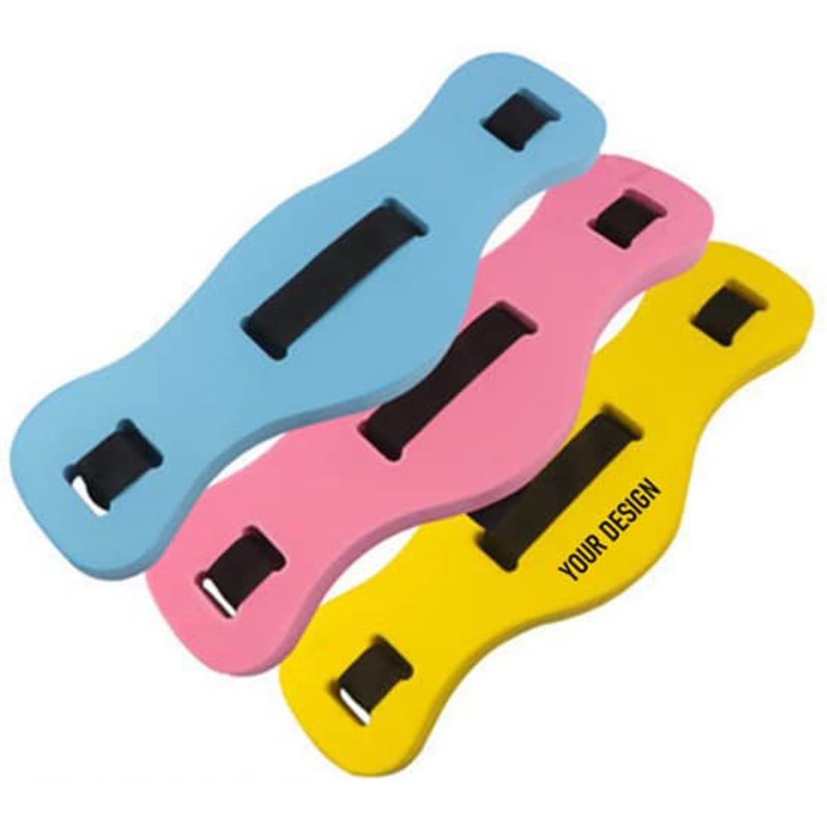 Three floating kickboards in blue, pink, and yellow, each featuring slots for securing by black straps.