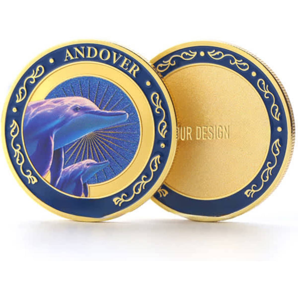 A round, gold custom challenge coin featuring a colourful dolphin design and a blank side for customisation.