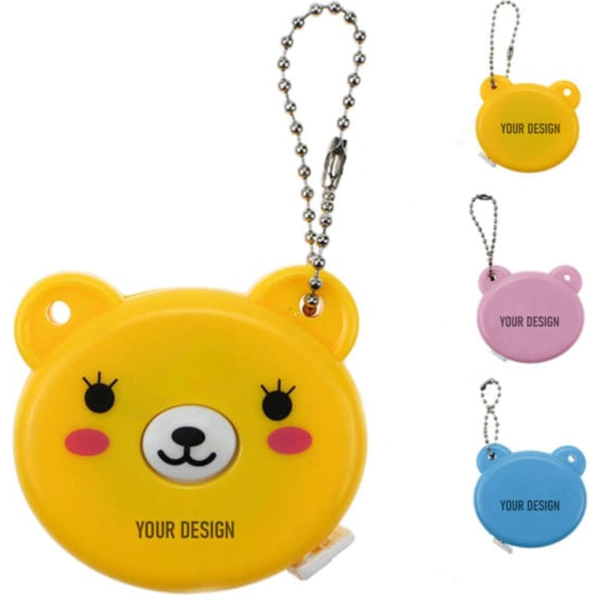 A customised retractable tape measure in yellow bear design, with pink, blue, and purple versions shown next to it.