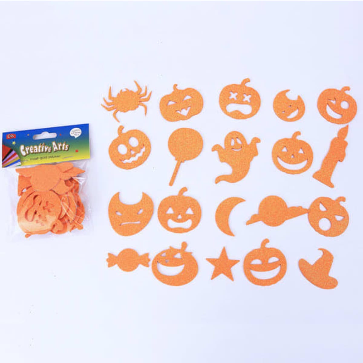 A pack of orange Halloween glitter stickers featuring pumpkins, ghosts, a spider, and other festive shapes.