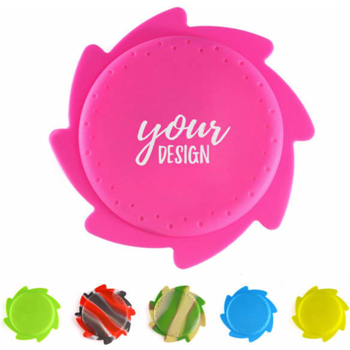 A pink flying disc with a flexible design and four additional discs in green, orange, and yellow. It has a logo.