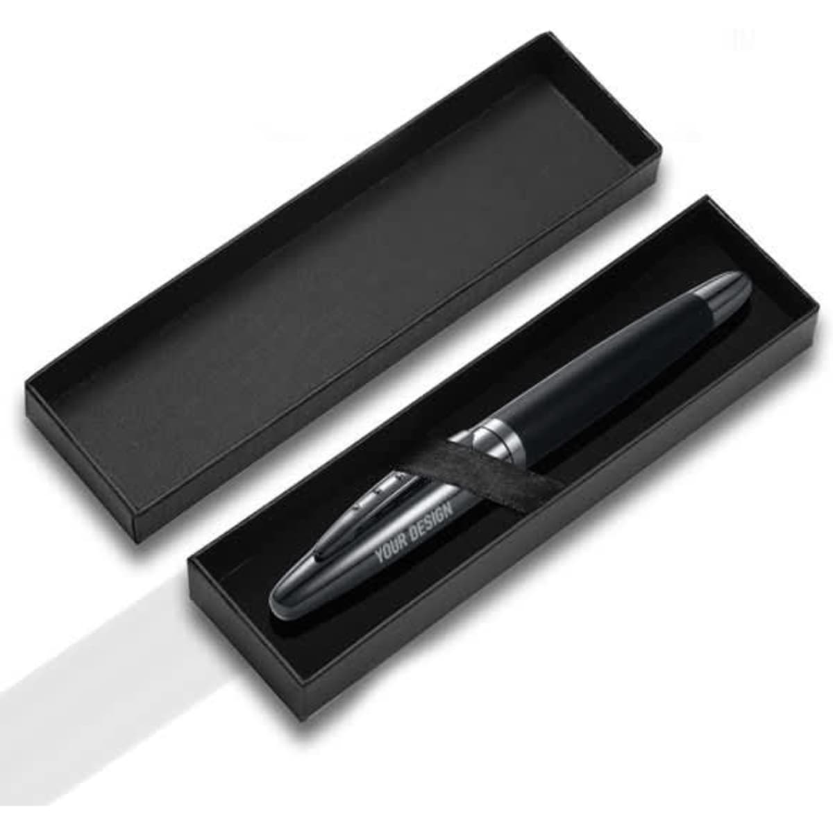 A sleek metal ballpoint pen with a matte black handle, presented in a black box. It features a logo.