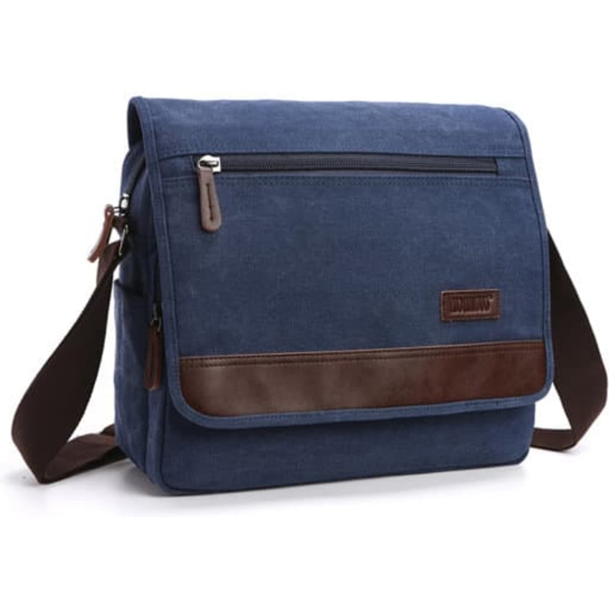 A blue vintage men's messenger bag with a brown leather trim and adjustable shoulder strap, featuring a front zip pocket and logo.