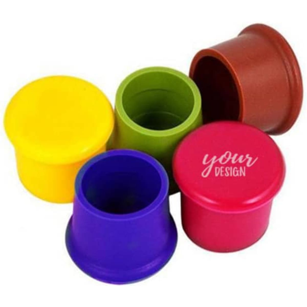 A collection of five reusable silicone wine stoppers in yellow, green, purple, red, and pink, featuring a logo.