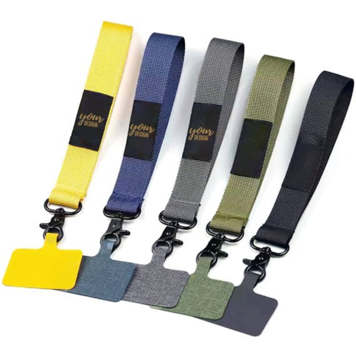 A collection of universal phone wrist lanyards in yellow, navy, grey, olive green, and black with clips and branding.