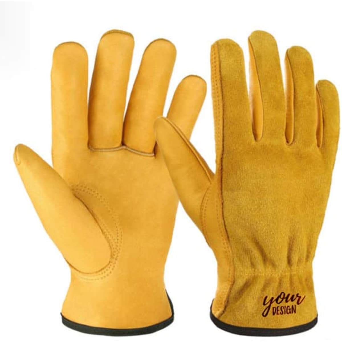 A pair of yellow leather gardening work gloves with a textured palm and an area for custom design.