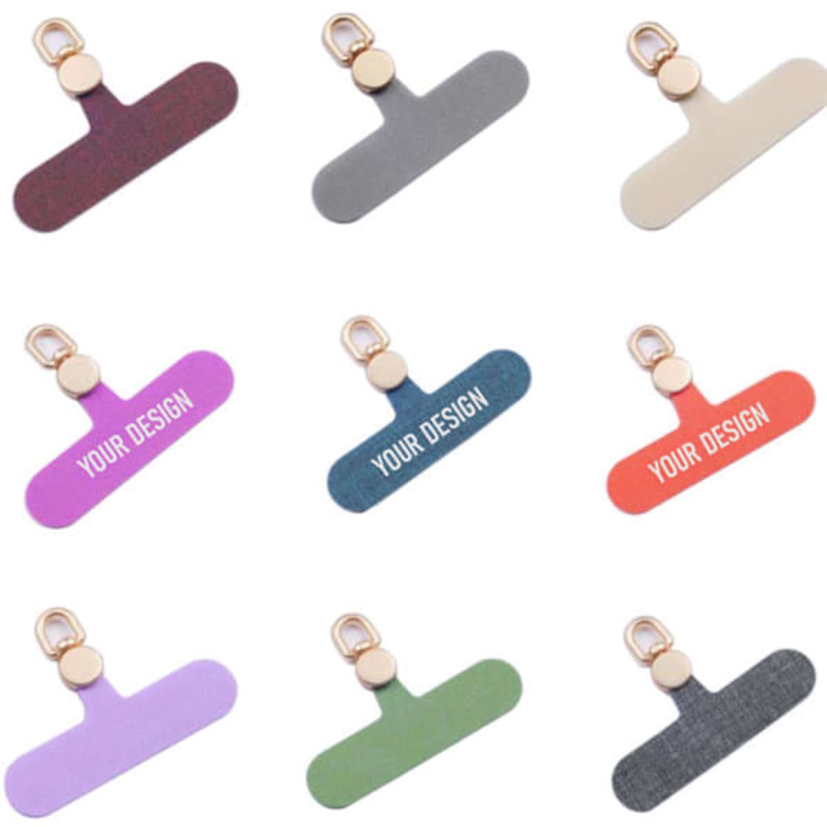 A collection of cell phone lanyard patches in various colours, each featuring a gold clip and customizable design spaces.