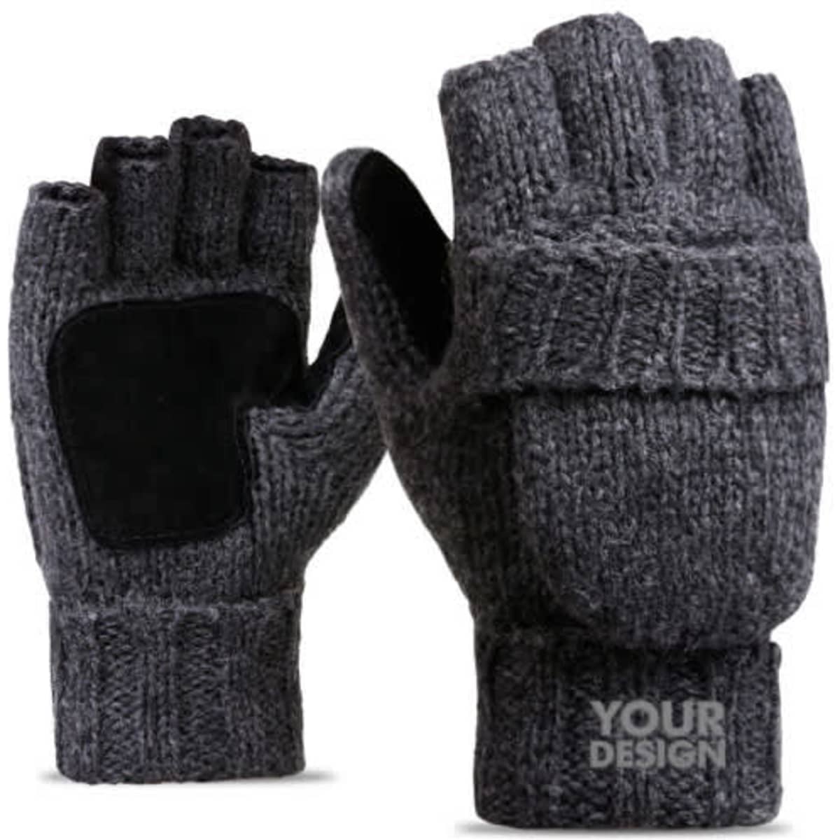 Wool fingerless pop-top gloves in dark grey, featuring a textured knit design and a logo on the palm area.