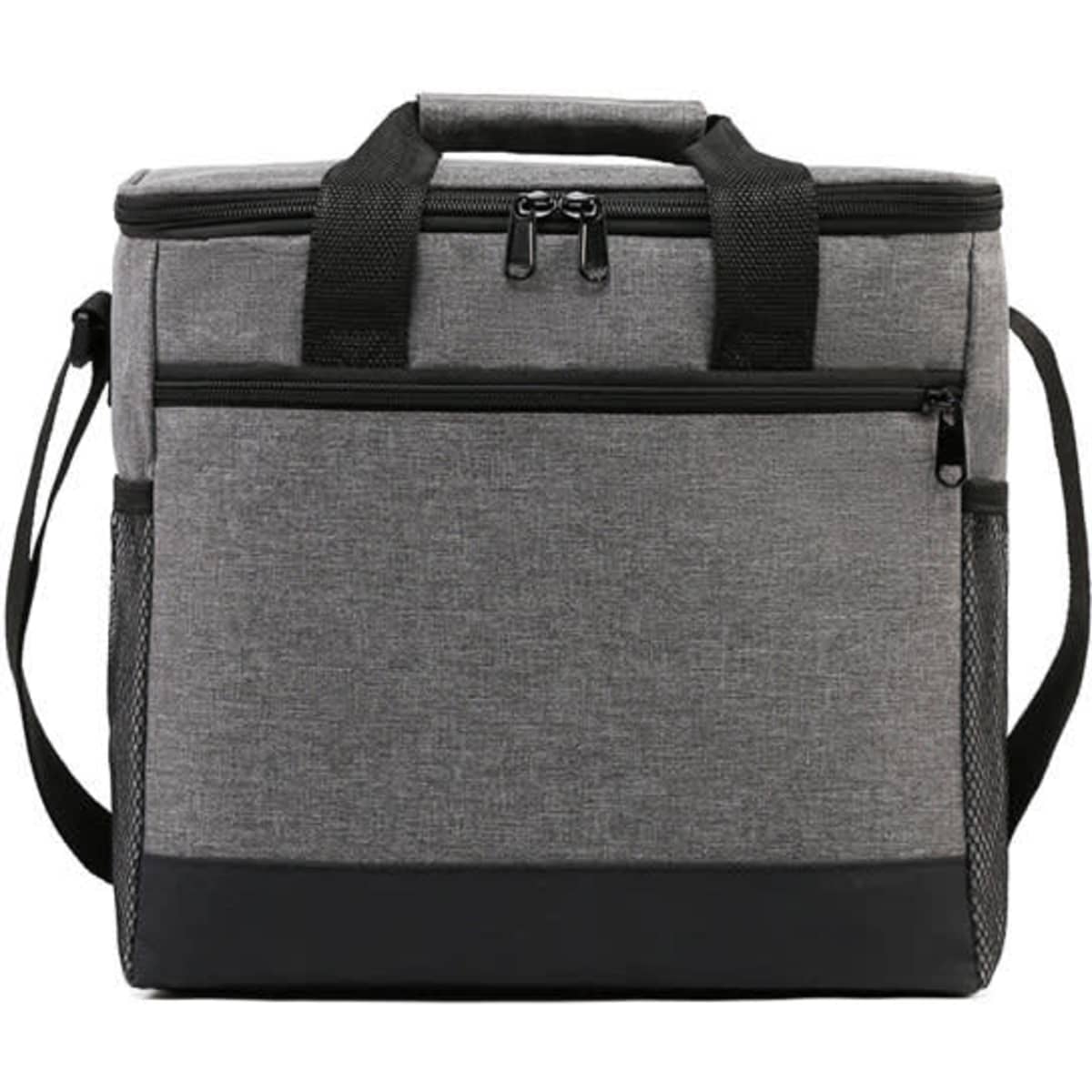 A grey portable picnic bag with black accents, featuring dual handles and a shoulder strap for easy carrying.
