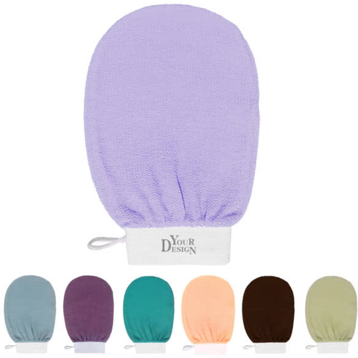A set of deep exfoliating gloves in various colours, including lavender, teal, purple, peach, brown, and olive.