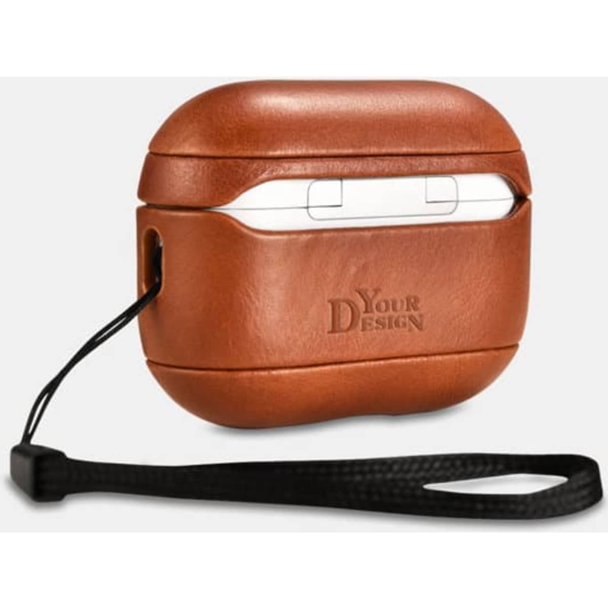 A vintage leather headphone protective box in brown with a strap and a logo.