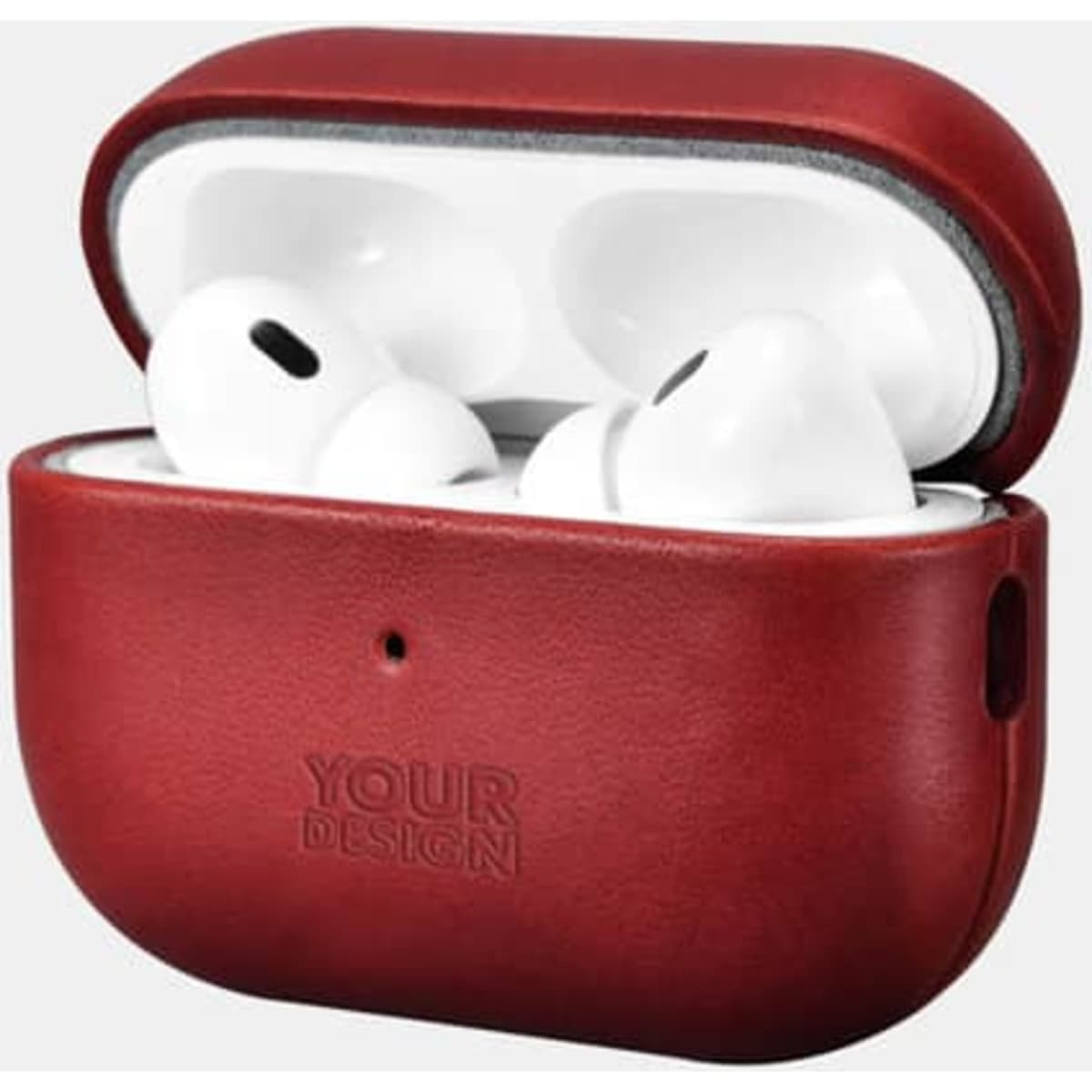 A maroon leather headphone protective box with open lid, housing white headphones inside. Features branding on the front.