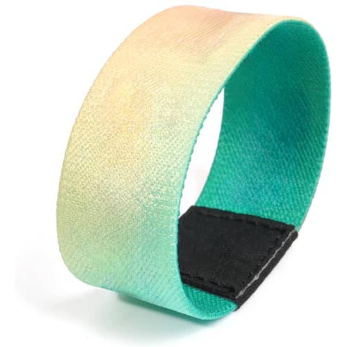 A personalised cloth wristband featuring an ombre design with shades of pastel green and peach. It has a black fastening.