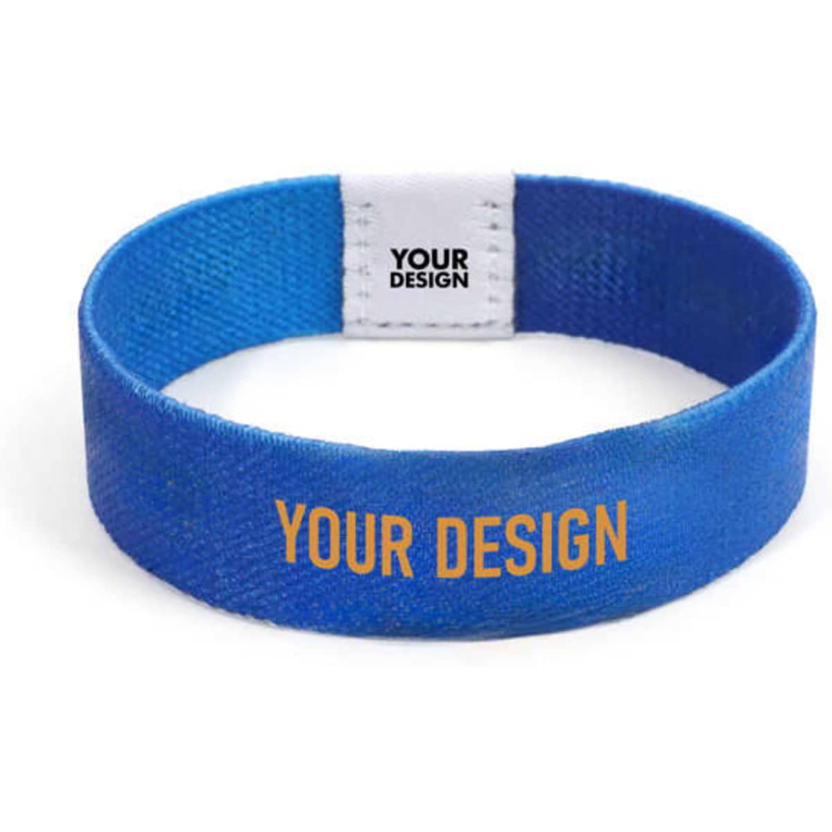 A blue polyester wristband featuring a white tag with a logo and space for custom design.