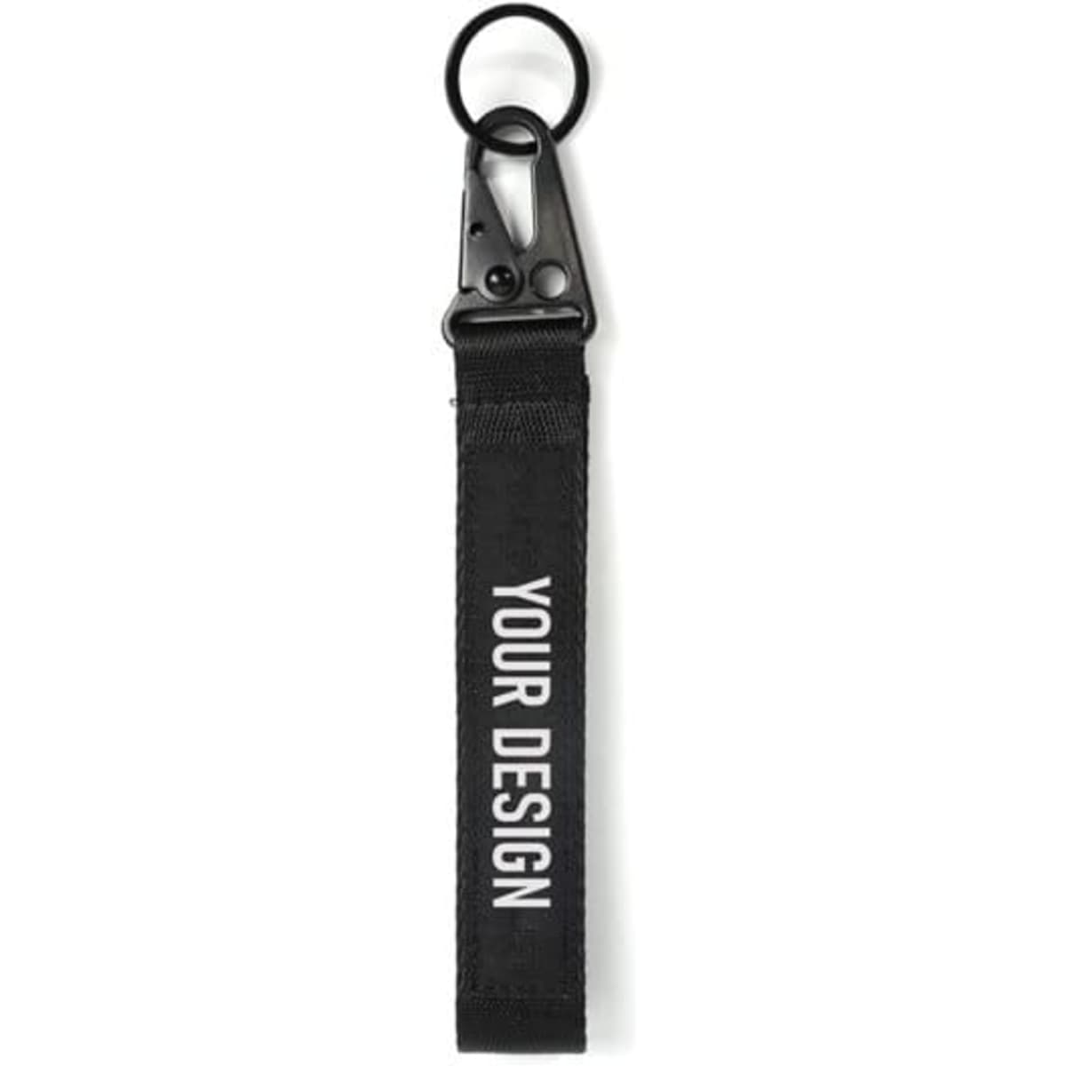 A black keychain lanyard with a metal clip and a section for custom design.