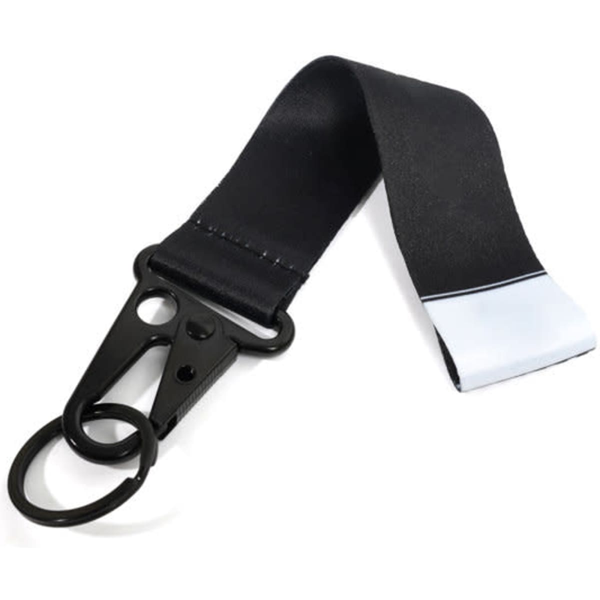 A black lanyard wrist key chain with a hook and a circular ring for attachment.