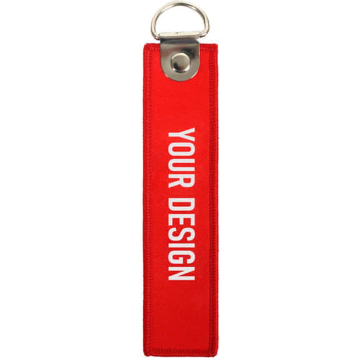 A red embroidered keychain with a silver metal ring and a blank area for custom design.