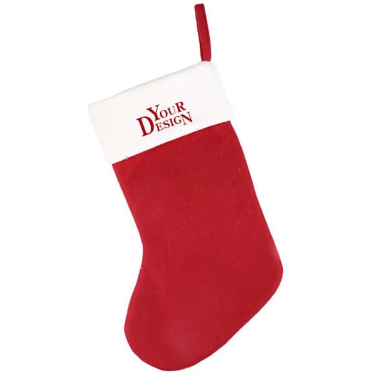 A red felt Christmas stocking with a white cuff featuring a logo or branding at the top.
