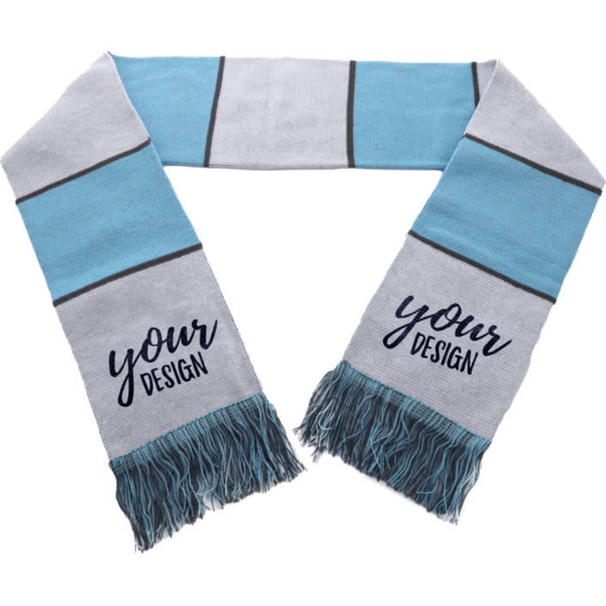 Acrylic fan scarf in grey and blue with fringing, featuring a design area for customisation.