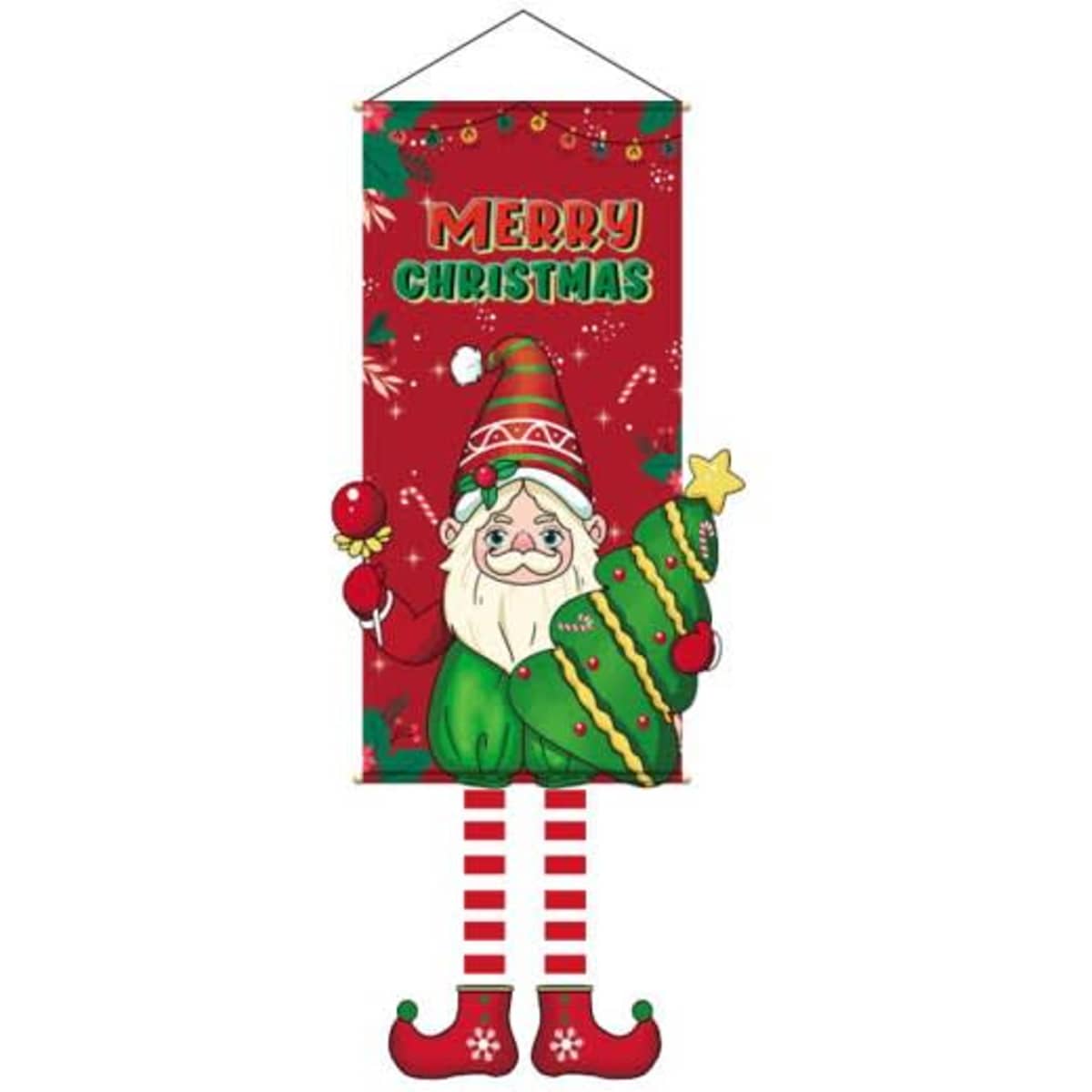 A personalised hanging Christmas flag featuring a Santa holding a decorated tree, set against a red background with festive decorations.