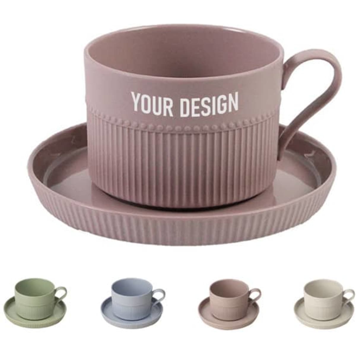 A pink porcelain coffee mug with a patterned surface, accompanied by a matching saucer, featuring a logo.