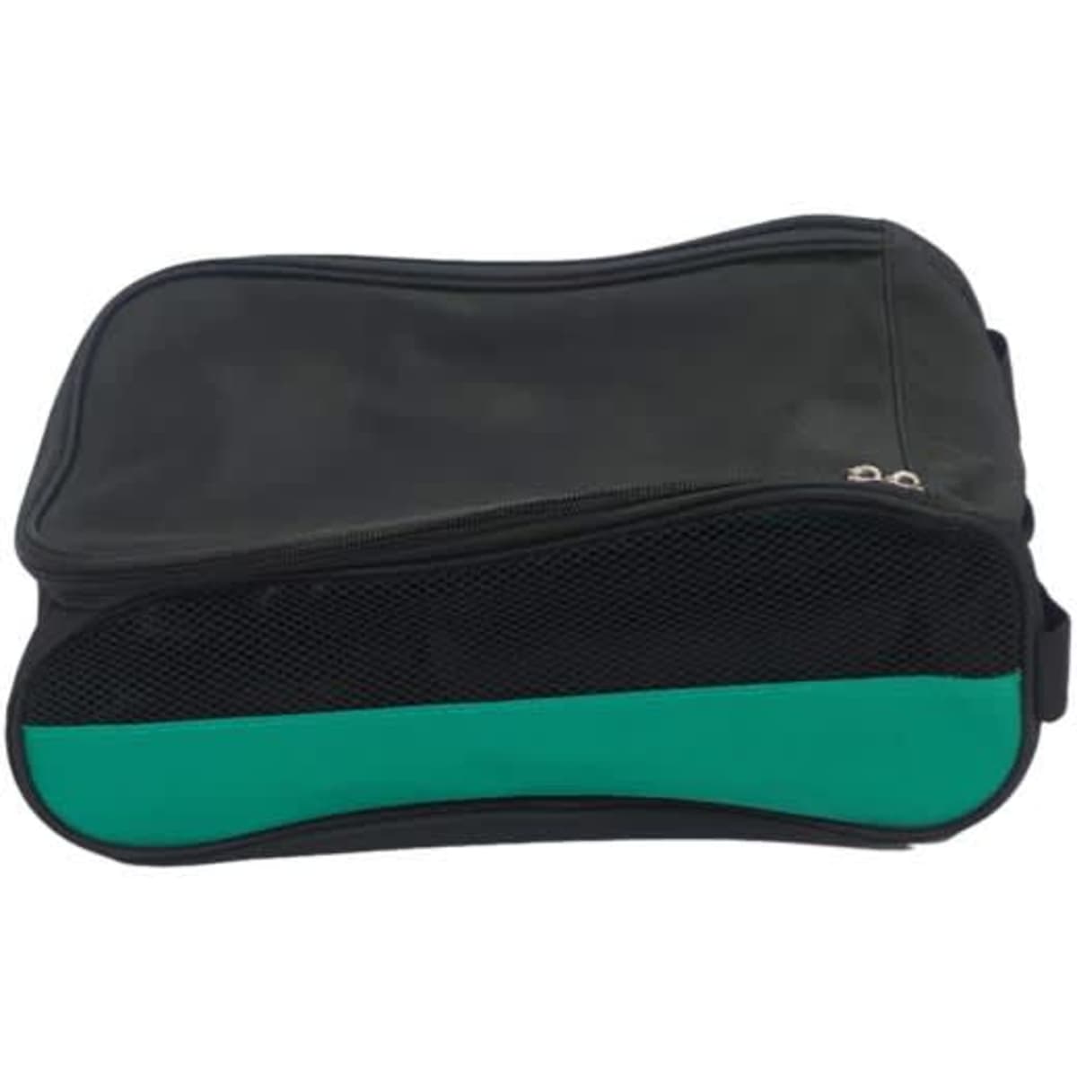 A portable zippered golf shoe bag in black with a green accent, featuring a mesh panel on the bottom.