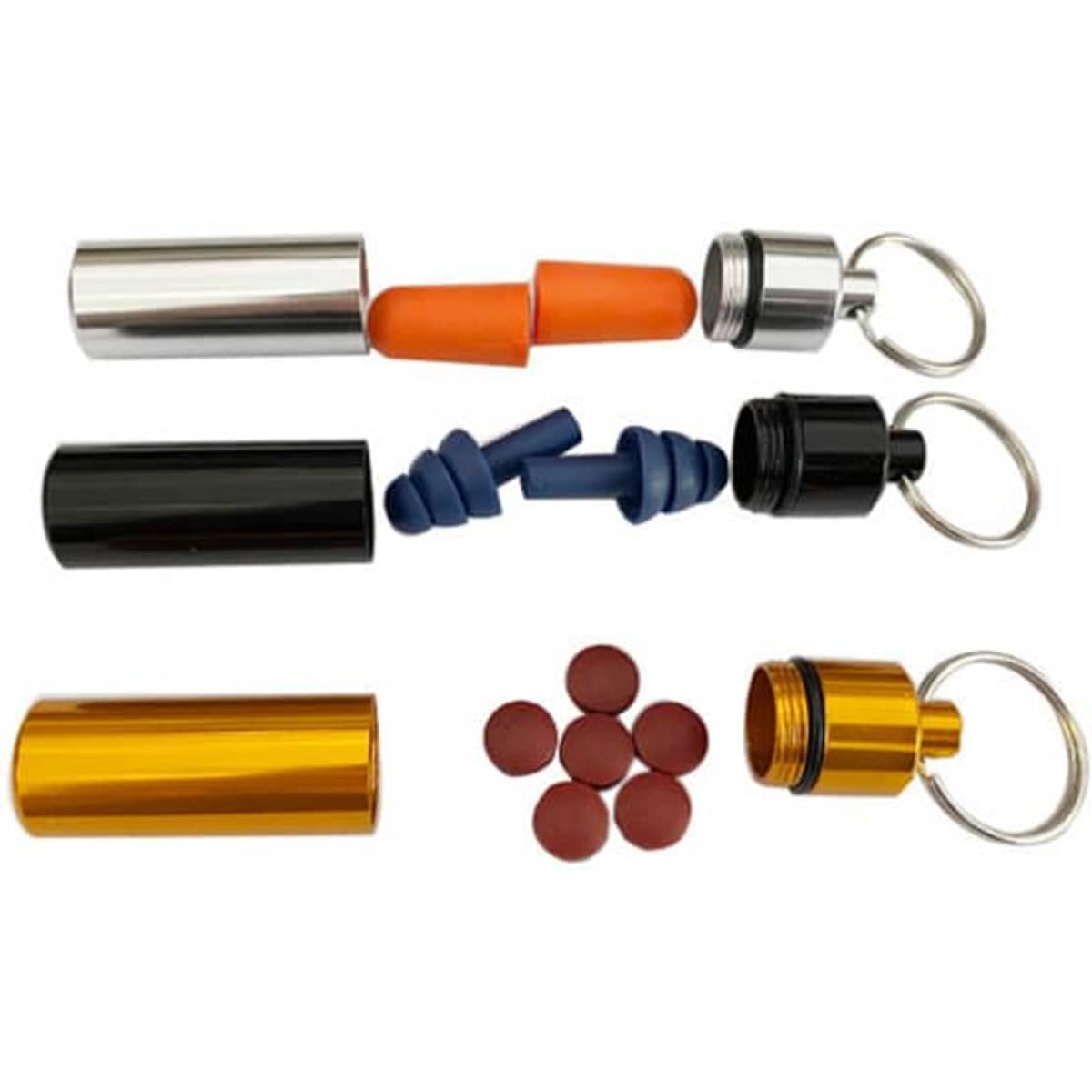A small portable pill case with a keychain in silver, black, orange, blue, and gold, containing various earplugs and pills.