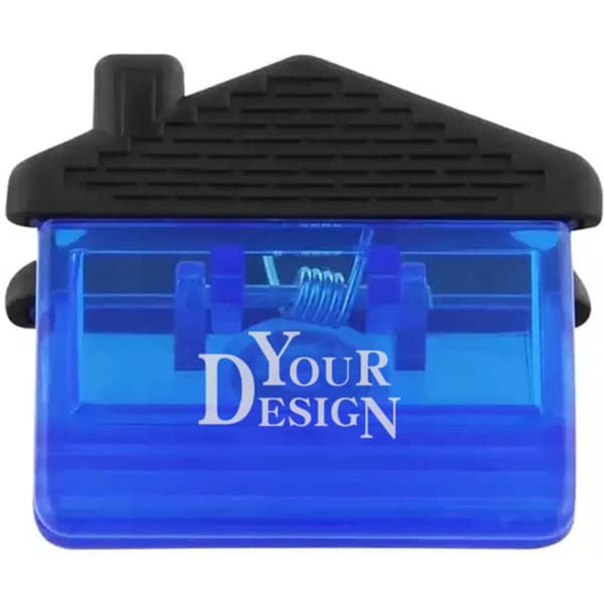 A blue magnetic memo clip shaped like a house, with a black roof and space for custom design.