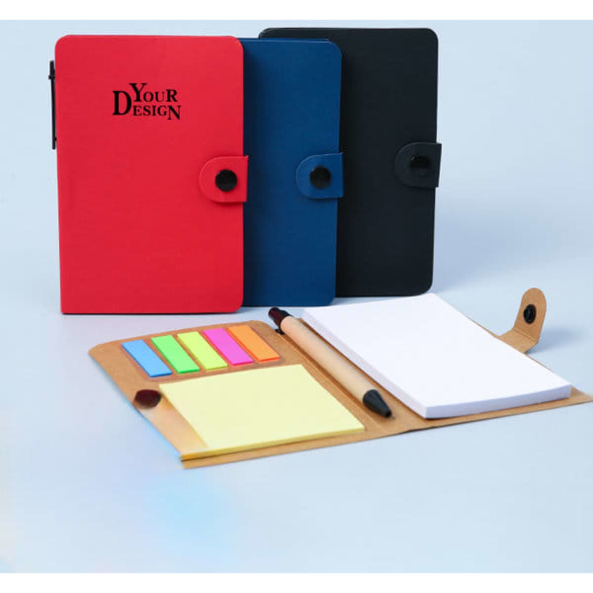 A pocket notebook with sticky notes in red, blue, and black, featuring a pen and various colourful sticky note pads.