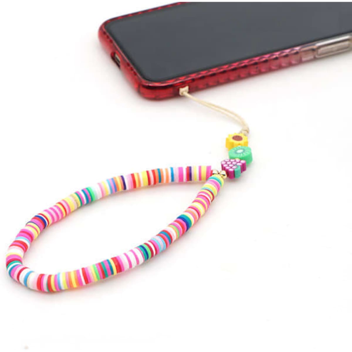 A colourful beaded mobile phone charm featuring vibrant beads in pink, yellow, green, and blue, attached to a phone.