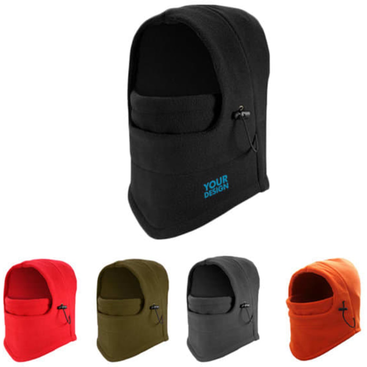 A windproof balaclava ski mask in various colours, including black, red, grey, olive, and orange, with a logo.