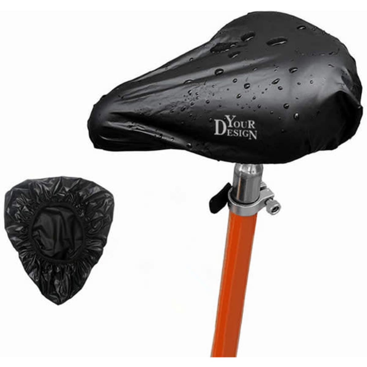A waterproof bike saddle cover in black, displayed over a saddle with droplets of water, featuring a logo.