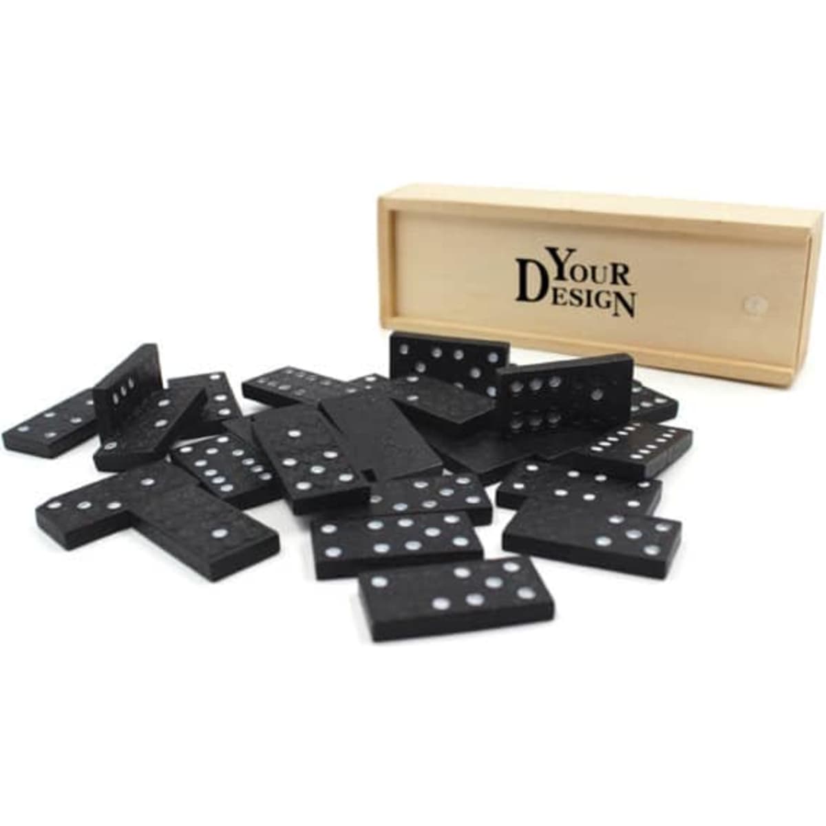 A custom dominoes set featuring black dominoes with white dots, presented in a wooden box with branding.