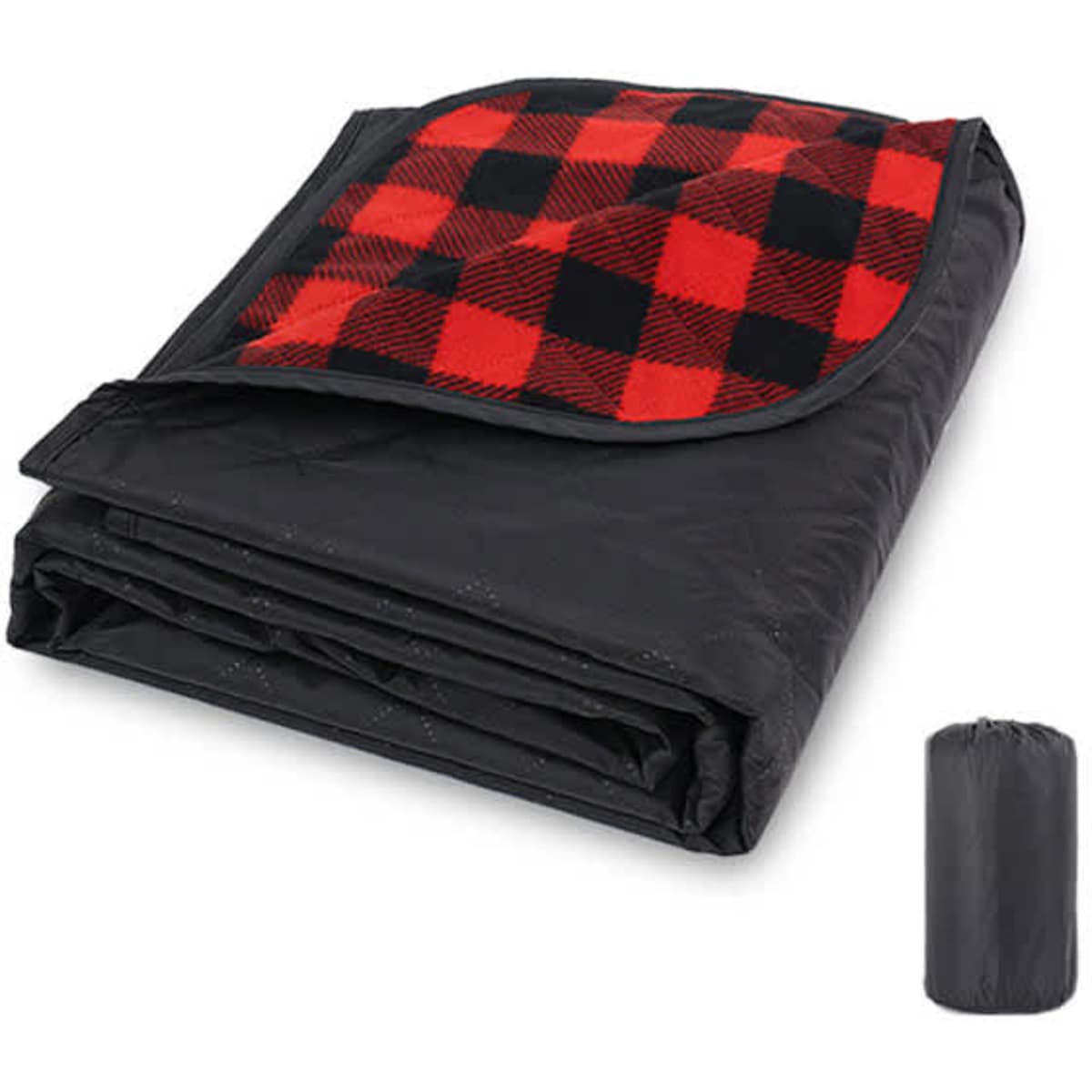 A folded waterproof outdoor blanket with a black underside and a red and black checkered top, alongside a carrying pouch.