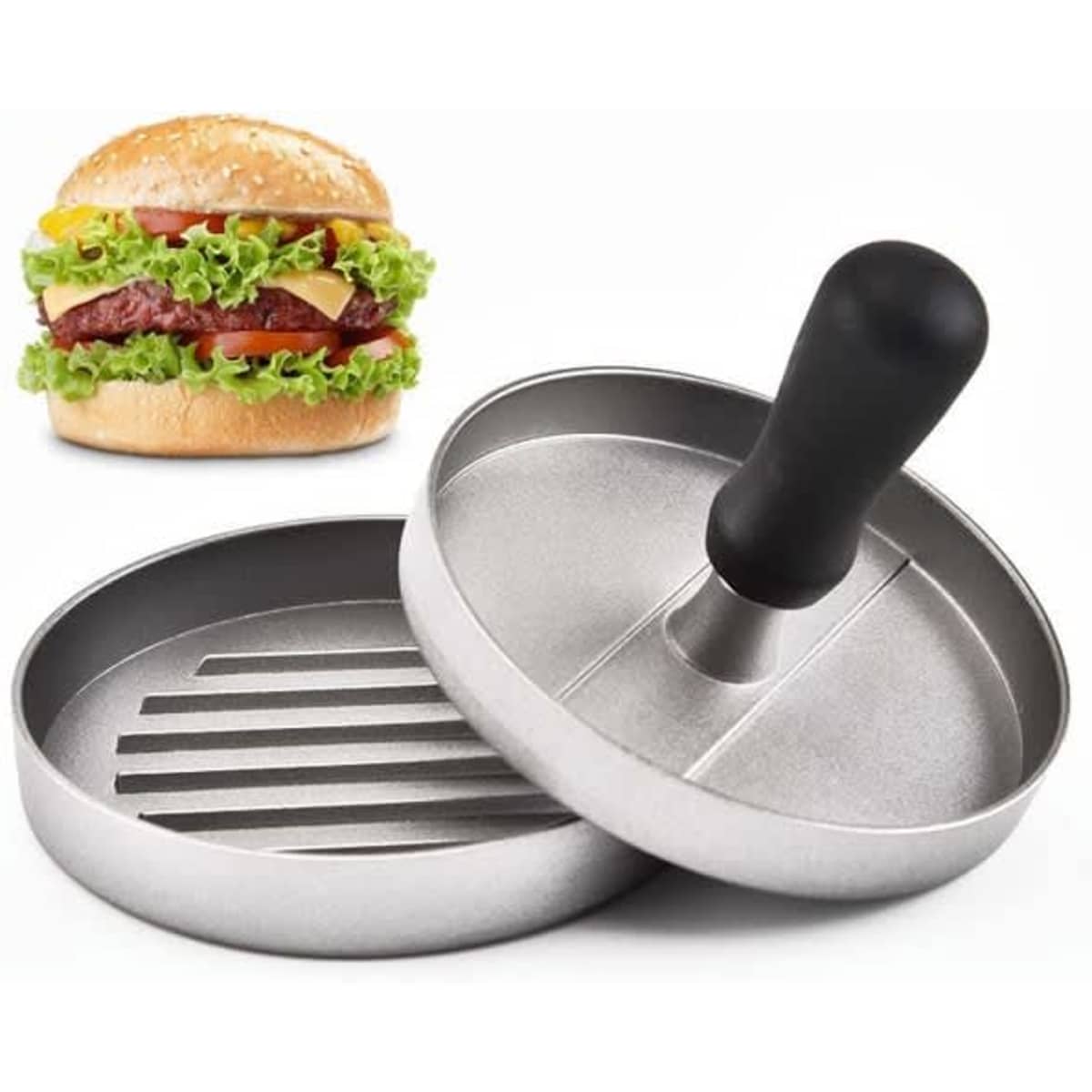 A hamburger patty press in silver with a black handle, accompanied by an image of a burger with lettuce and cheese.