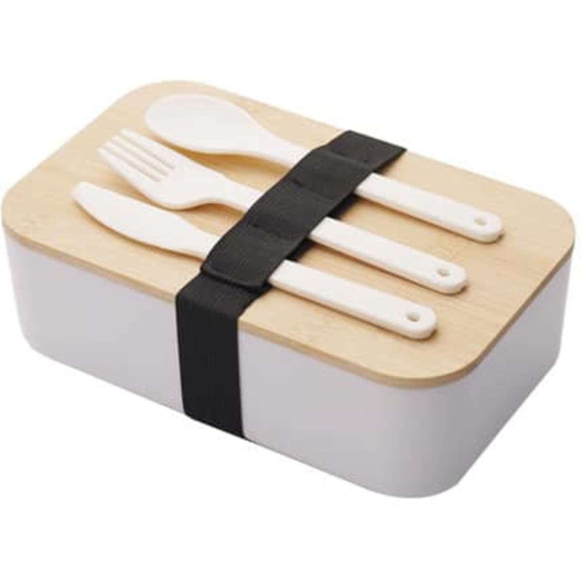 A Wheat Straw lunch box set in white with a bamboo lid and white utensils secured with a black strap.