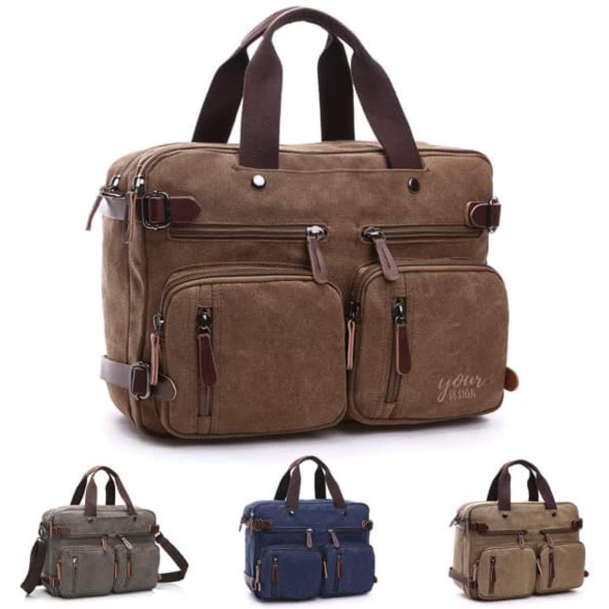 A vintage hand-held single shoulder bag in brown, featuring multiple pockets and a logo. Also available in green and navy.