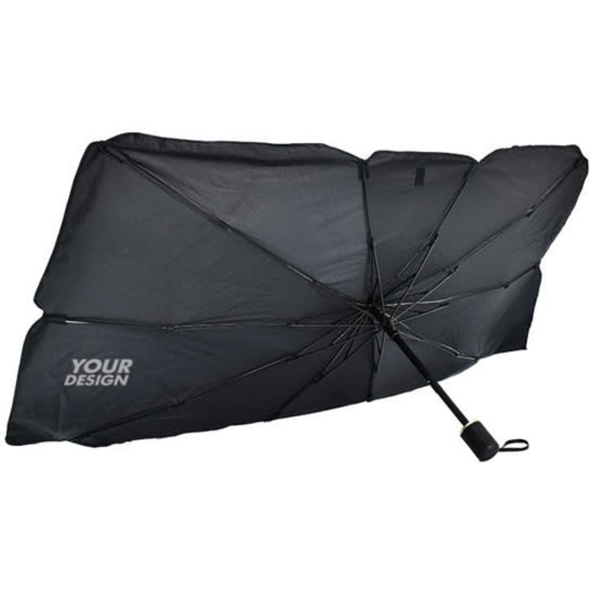 A black sun shade umbrella for car windshields with a handle and a branding area for custom designs.